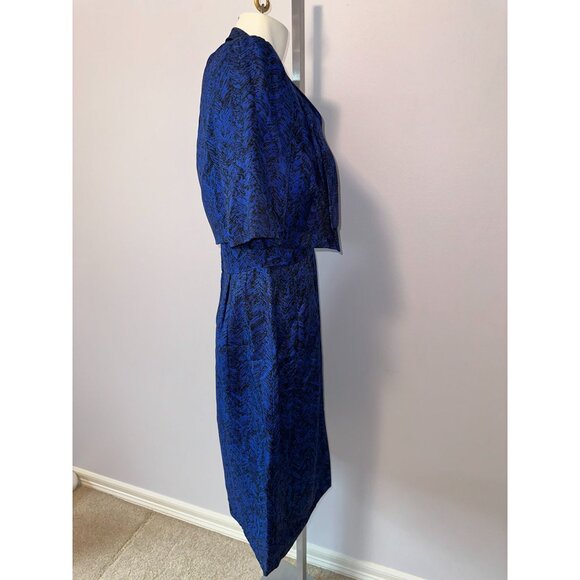 Vtg 50s Hattie Carnegie Blue Black Textured Silk Sheath Dress w/ Shrug Medium - Picture 9 of 12